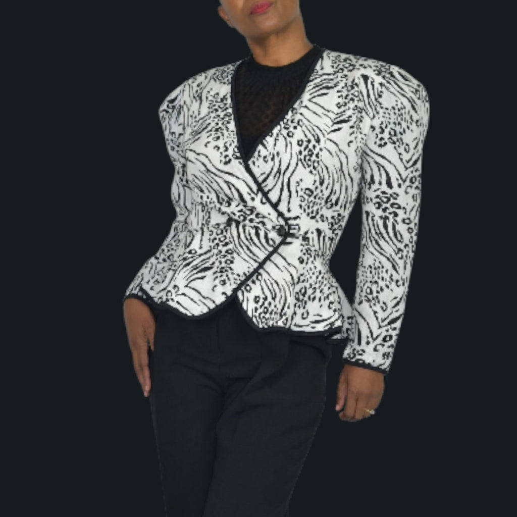 Vintage Jessica Howard 80s Power Blazer Jacket White Black Animal Print Shoulder Pads Peplum Small