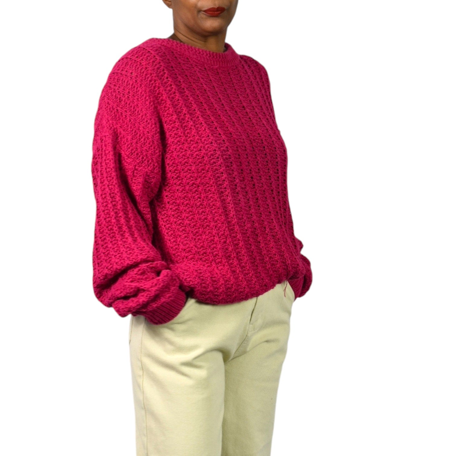 Vintage Cacharel Chunky Sweater Pink Raspberry Pullover Slouchy Cable Knit Crew Size XL