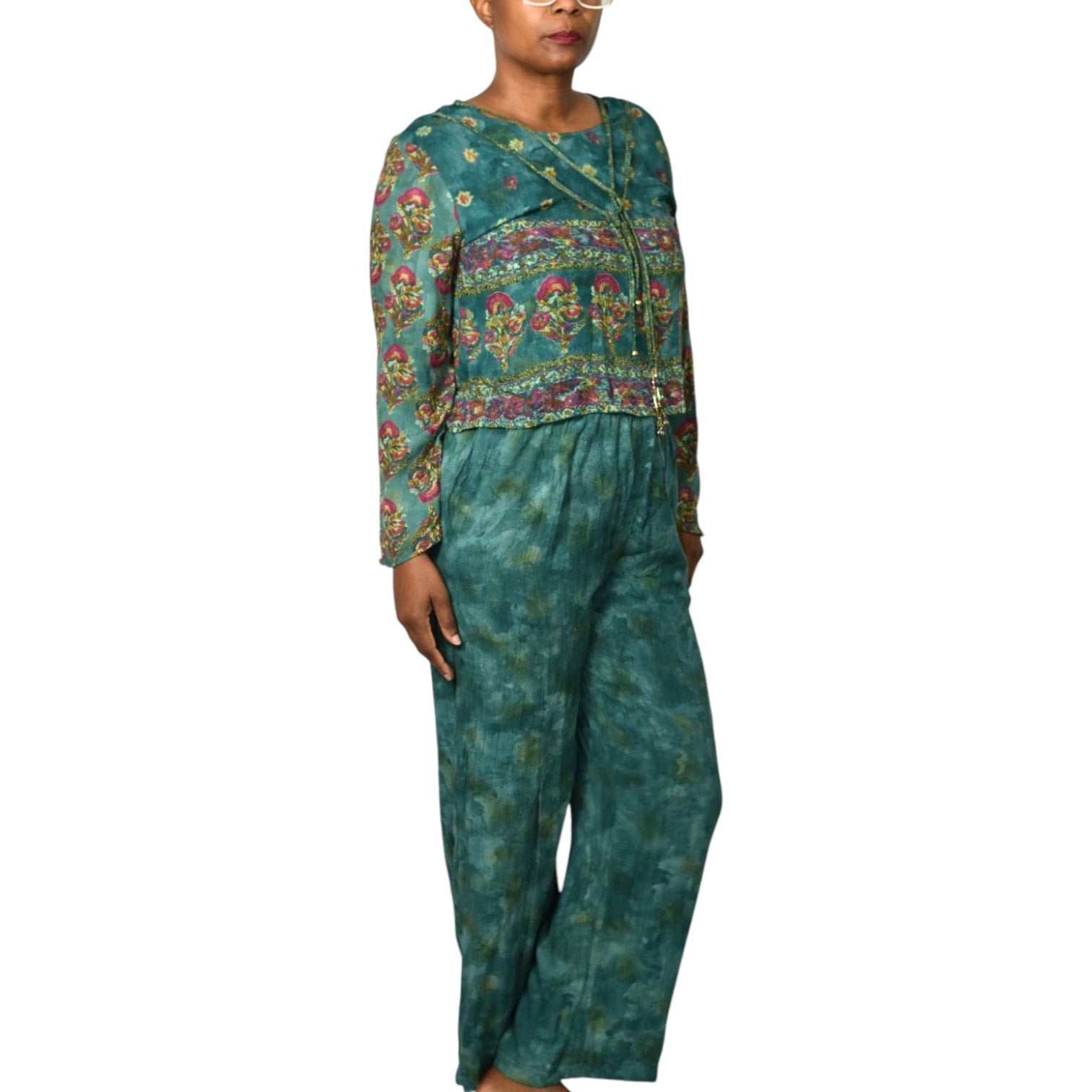 Vintage Carole Little Pant Suit 80s 90s Matching Set Green Teal Tassels Boxy Petite Small