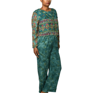 Vintage Carole Little Pant Suit 80s 90s Matching Set Green Teal Tassels Boxy Petite Small