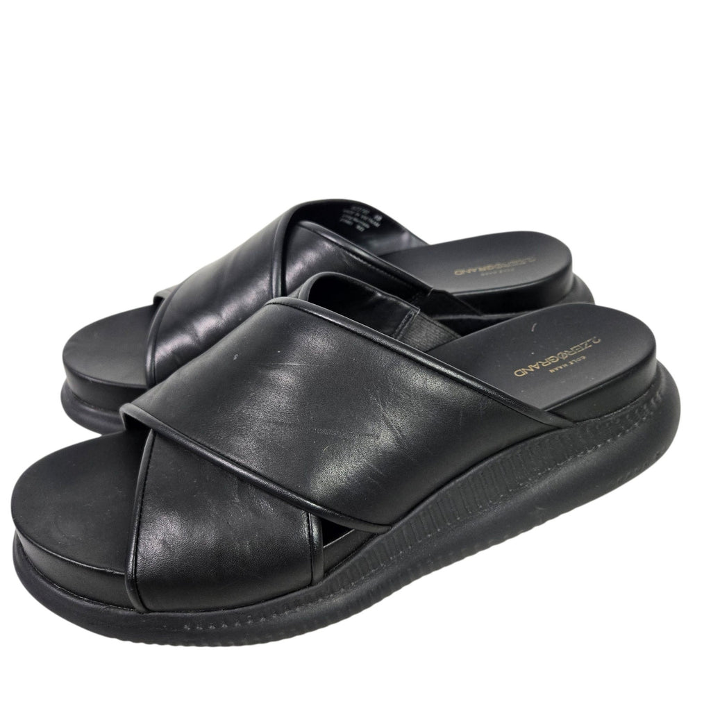 Cole Haan Zerogrand Slides Black Leather Criss Cross Wedge Sandals Chunky Platform 8