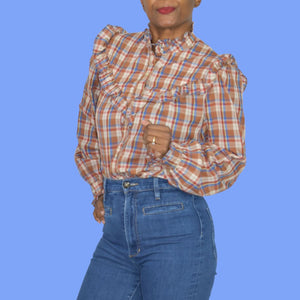 Vintage Plaid Ruffle Blouse Brown Victorian High Neck Shirt Homemade Yoked Small