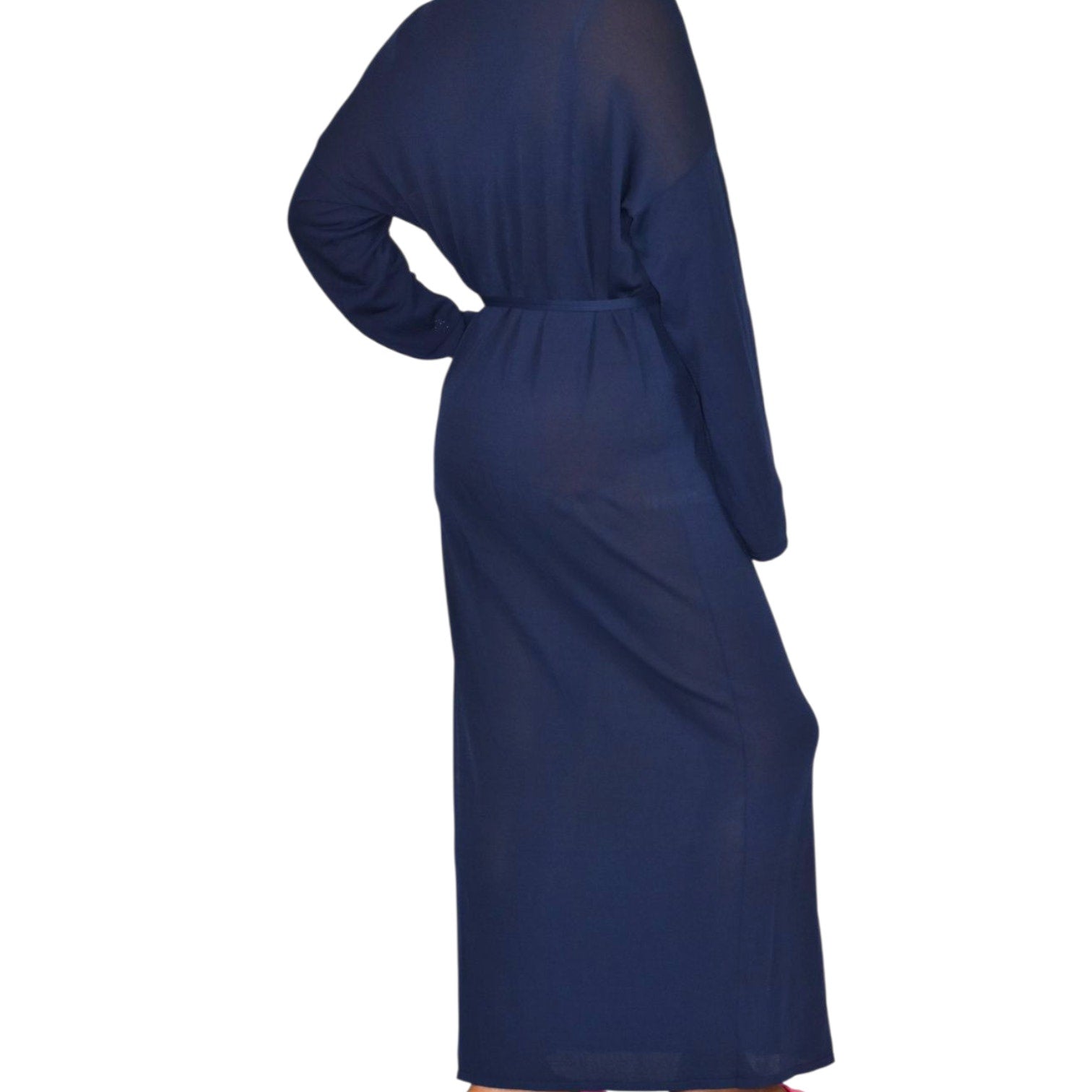 Zara Knit Maxi Dress Blue Navy Sheer V Neck Oversized Belted Caftan Long Viscose Casual Medium