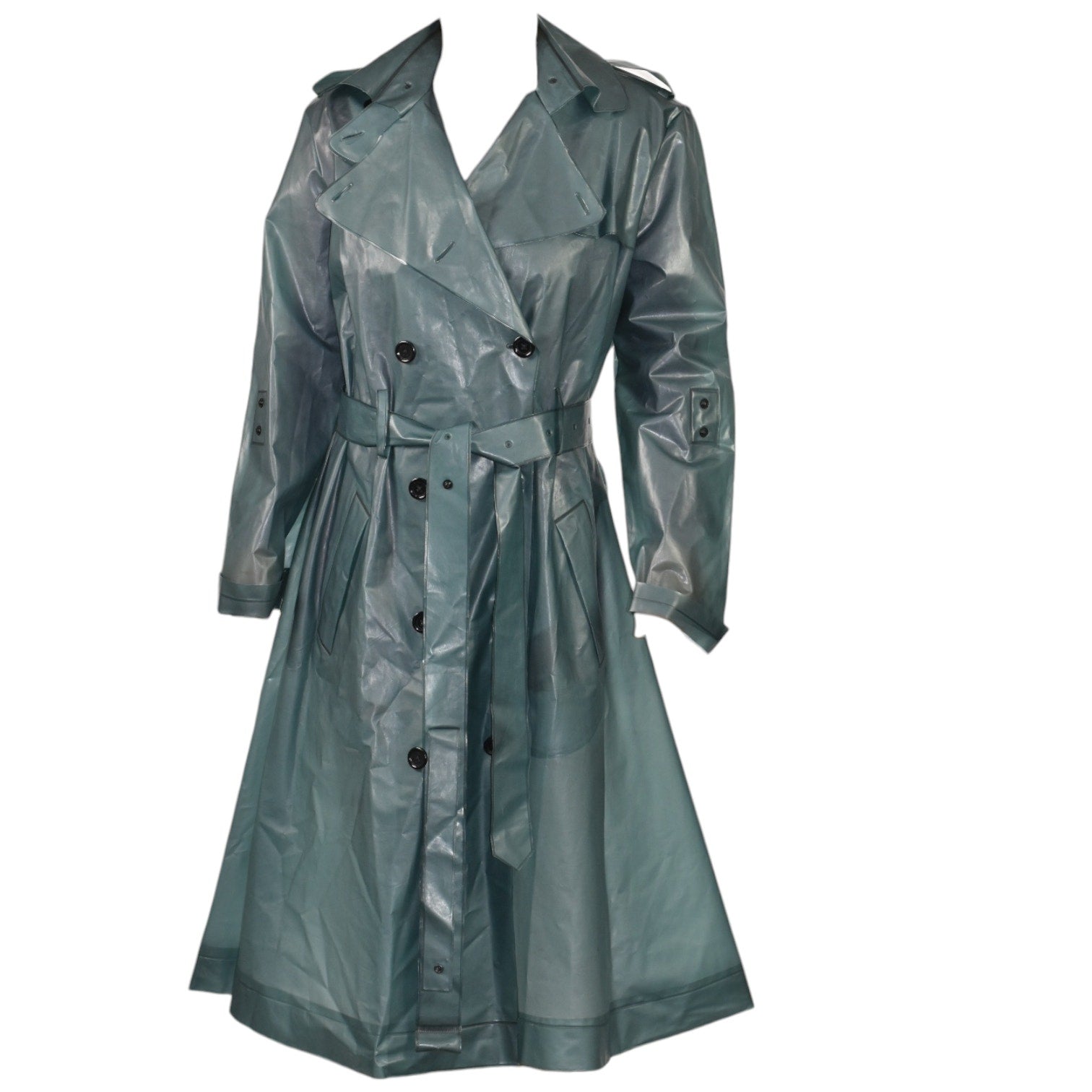 Dorothee Schumacher Techno Transparency Trench Coat Green Teal Vinyl Raincoat Belted Transparent XL