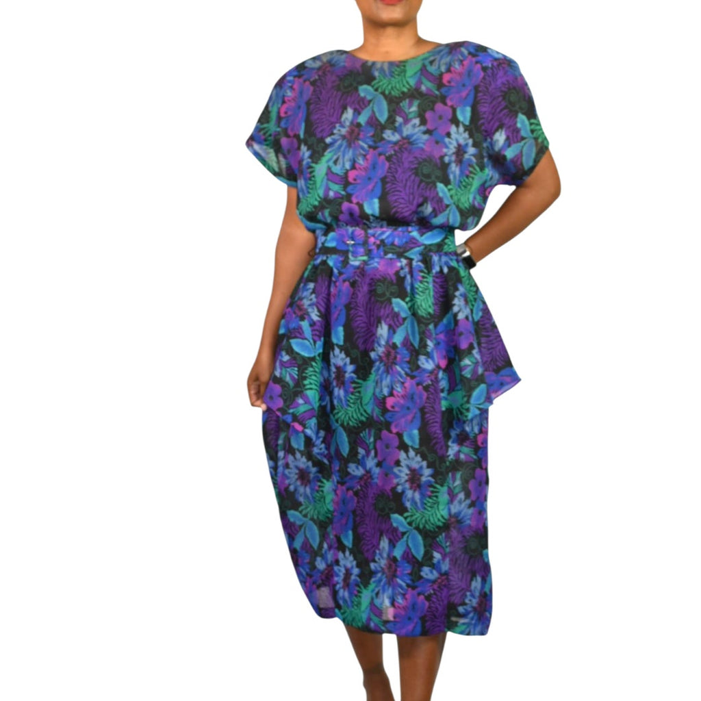 Vintage Pellini Von Bramlett Floral Midi Dress Blue Sheer 80s Shoulder Pads Peplum USA Plus 14