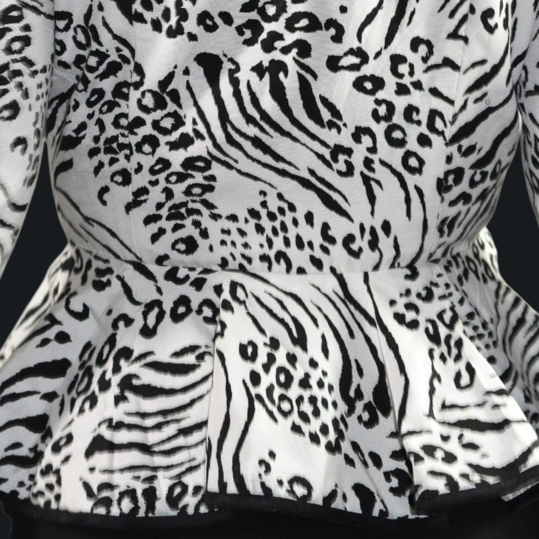 Vintage Jessica Howard 80s Power Blazer Jacket White Black Animal Print Shoulder Pads Peplum Small
