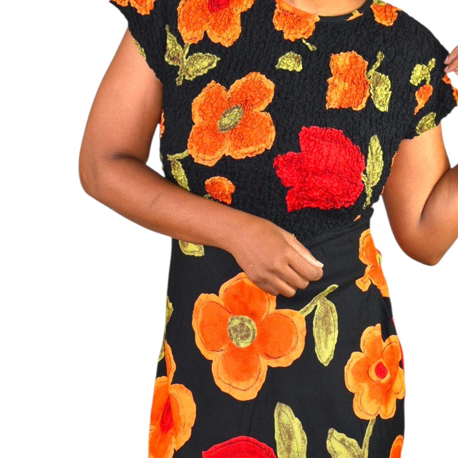 Jeffrey Dara Vintage Floral Maxi Dress Black Floral Flowers Rayon Shoulder Pads Column Deadstock 8 Medium