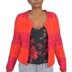 Marc Cain Boucle Sweater Jacket Pink Colorblock Furry Texture Pile Cardigan Wool Alpaca Open Size 6
