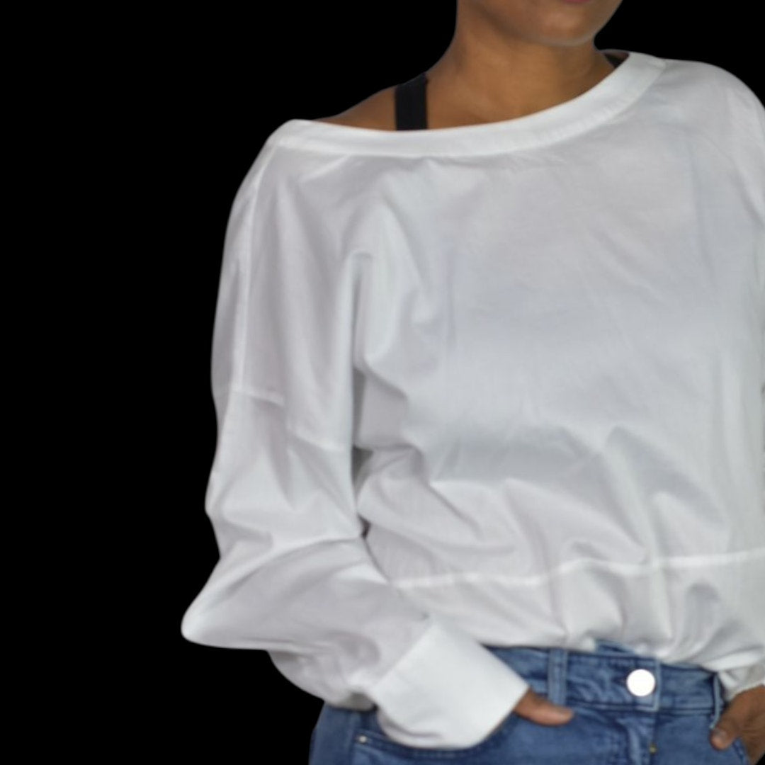 Harshman Anthropologie Cotton Blouse White Shirt Tie Button Back Oversized Backwards Small