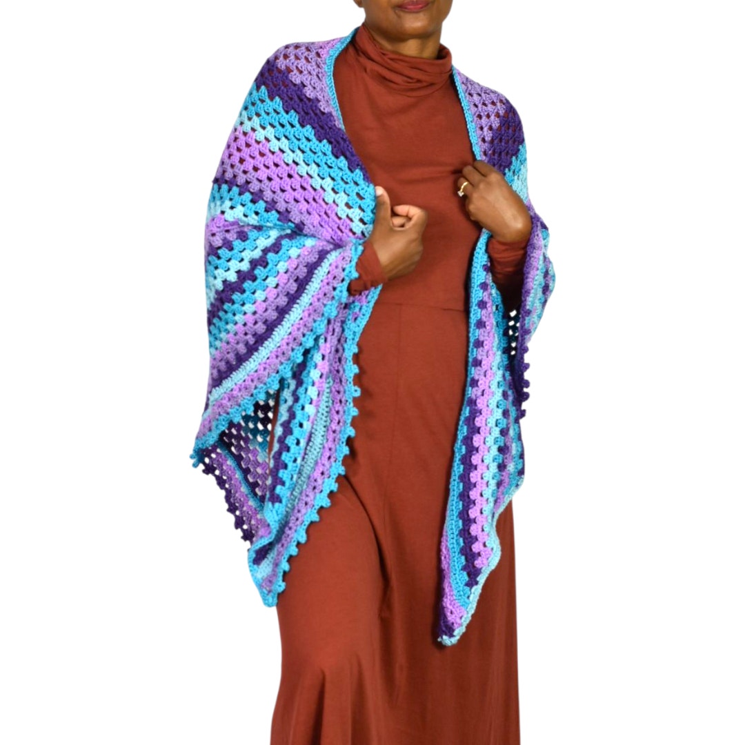 Hand Knit Crochet Shawl Blue Purple Ombre Blanket Wrap Triangle Granny Squares Vintage Afghan One Size S M L