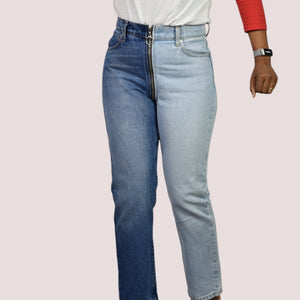 Revice Ying Yang Crop Jeans Blue Two Tone Denim Straight Front to Back Zipper High Waisted 27