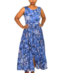 Vintage Jasmine KVM Dress Blue Fish Print Tent Shift Midi Cotton Gauze Airy Open Back Tie Medium