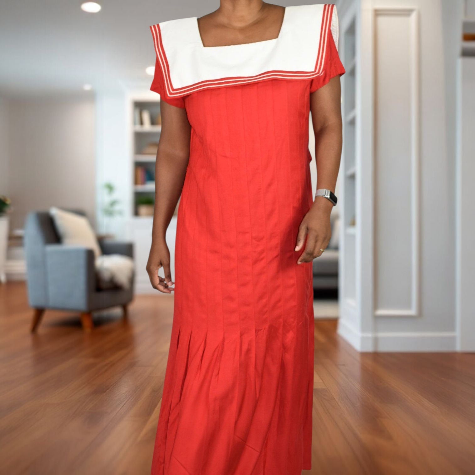 Vintage Sarah Elizabeth Sailor Collar Maxi Dress Red White Nautical Rayon Column Pleated Retro Flapper Medium
