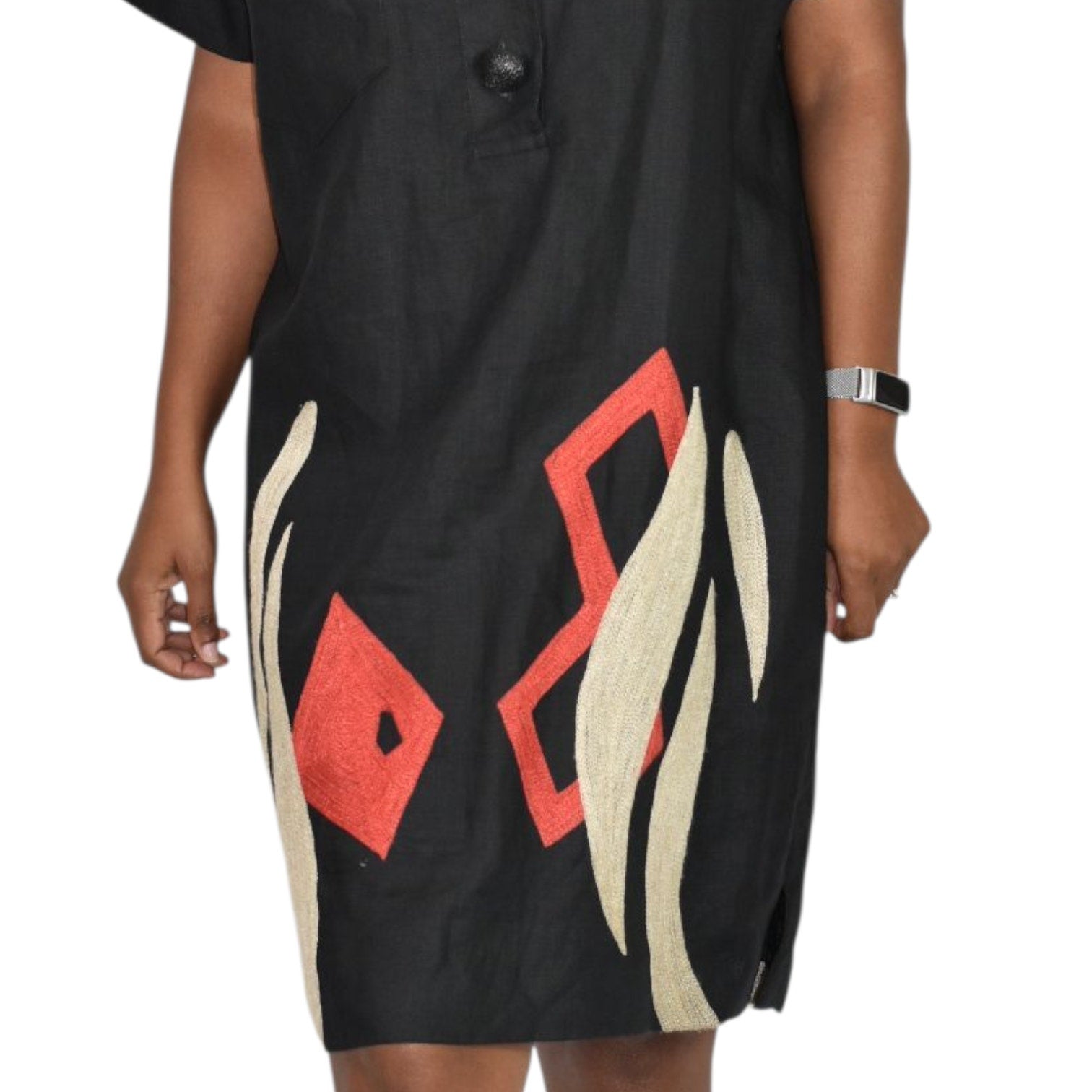 Vintage Andrea Jovine Linen Dress Black Print Abstract Embroidery Cocoon 10 Medium
