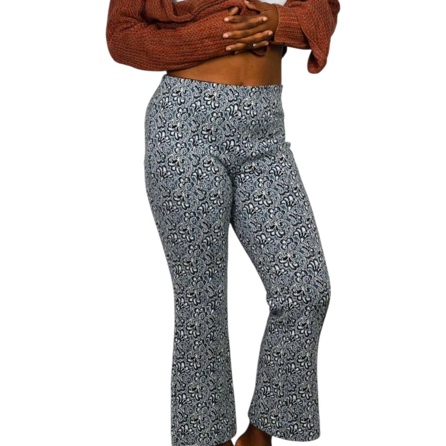 Maeve Margot Knit Pants Blue Paisley Flower Jacquard Cropped Flare Pull ONAnthropologie Small
