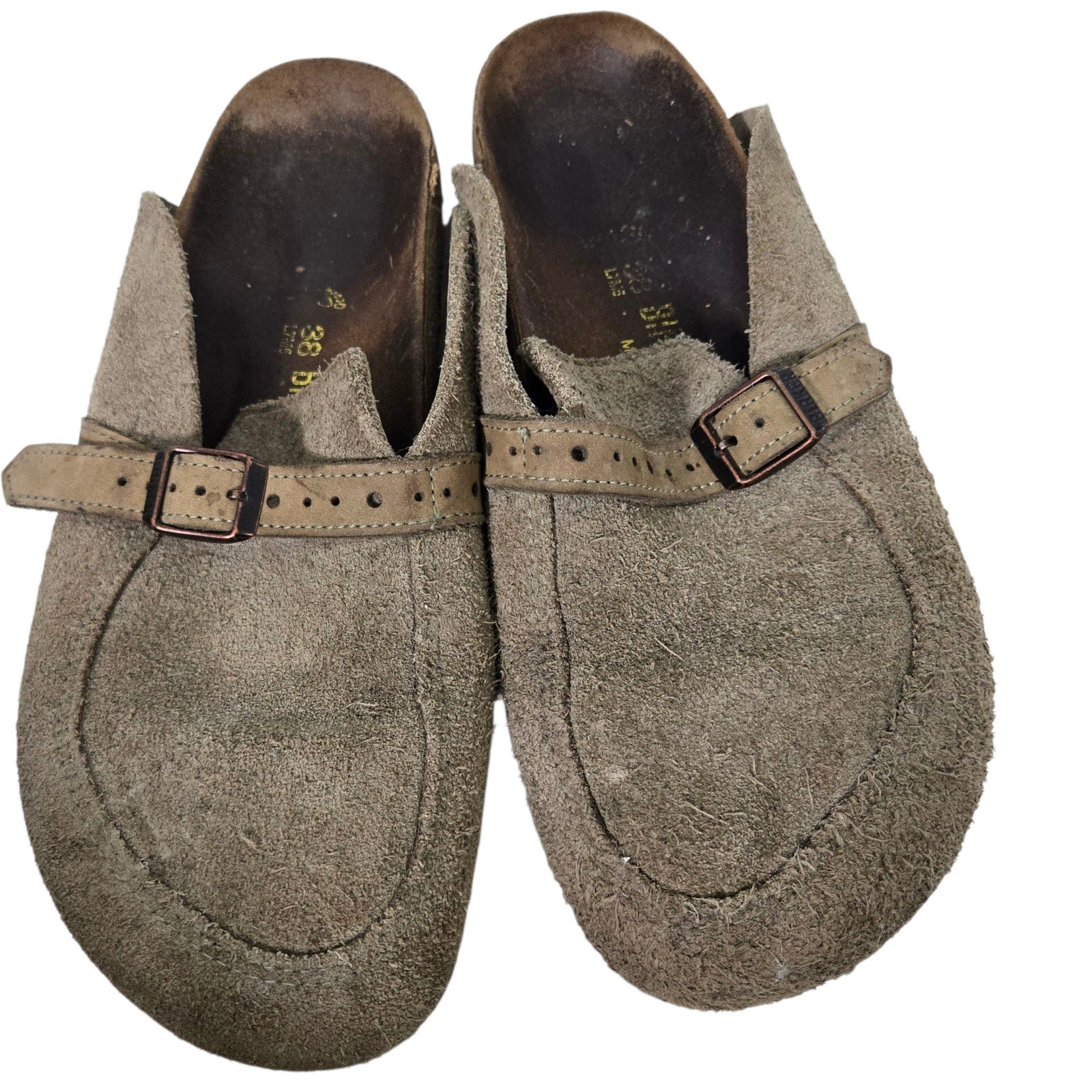 Birkenstock Eaton Suede Clogs Tan Taupe Slides Slip On Leather Mules Buckle 38 7