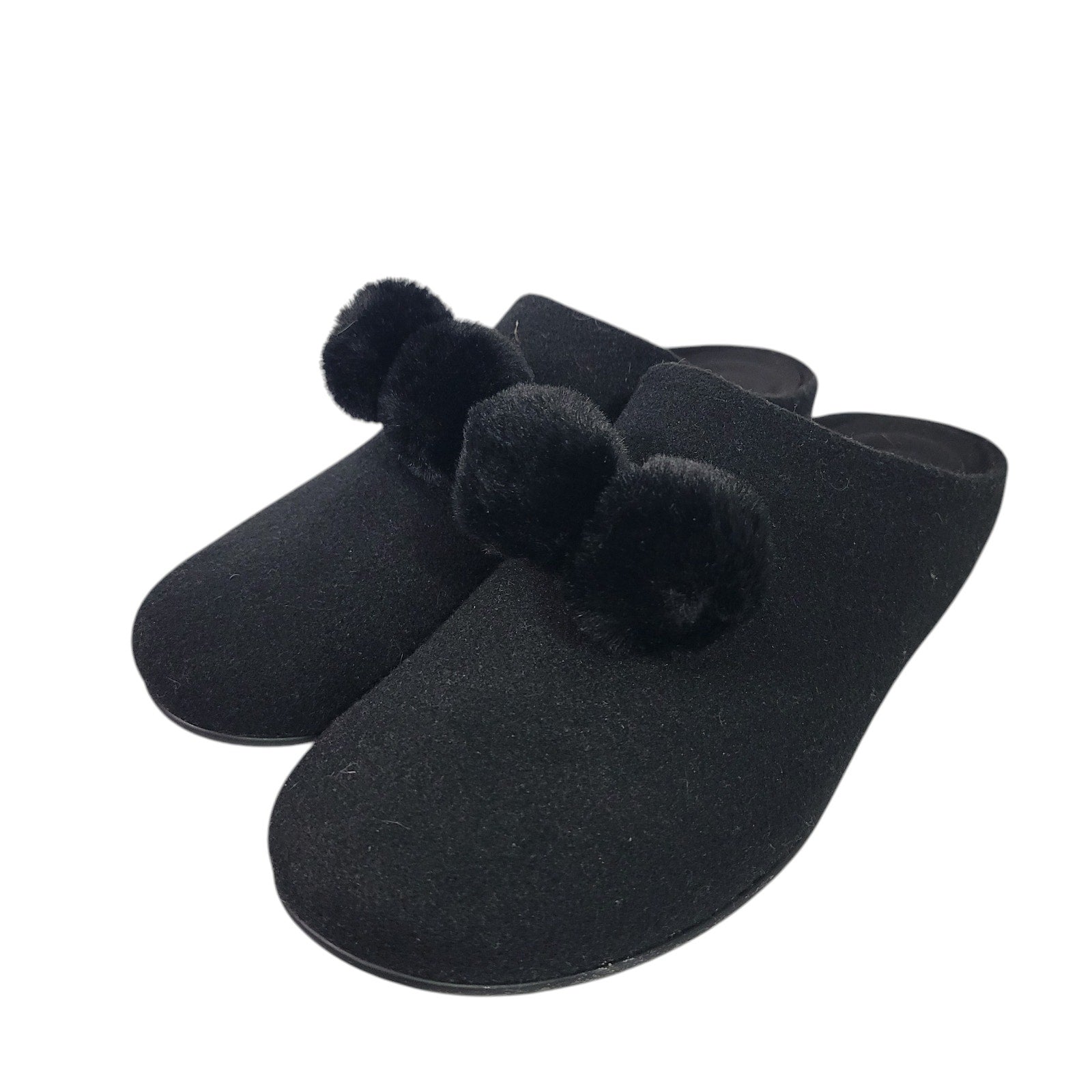 Fitflop Chrissie Slippers Black Felt Pom Pom Mules Slip On Slides Flats Lounge 8