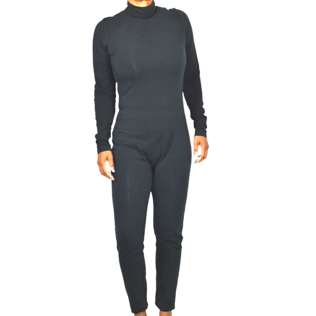 American Apparel Black Catsuit Cotton Spandex Long Sleeve Mock Neck Bodysuit Jumpsuit XL