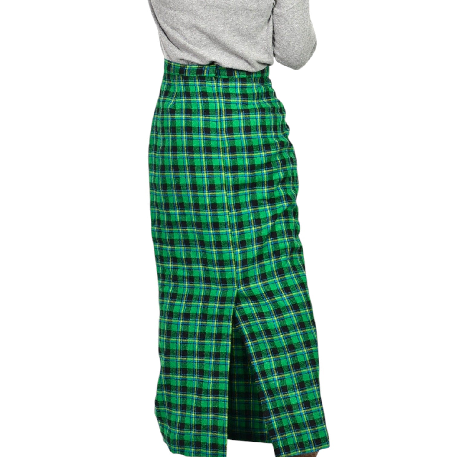 Vintage Tartan Maxi Skirt Green Plaid Long Straight Column Check Handmade 10 Medium