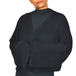 Anthropologie Open Weave Knit Cardigan Black Bell Sleeve Shrug Shawl Sweater One Size