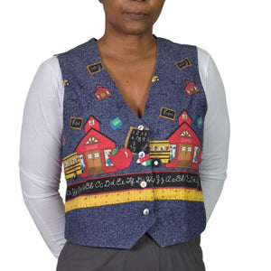 Homemade School Bus Teacher Vest Blue Kids Bus Button Front Cotton Novelty Waistcoat Small