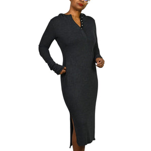 Noctex Sweater Dress Grey Charcoal Wool Midi Hooded Pockets Slits Elbow Patches XS