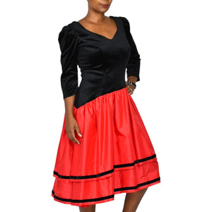 Vintage 80s Black Velvet Dress Red Taffeta Asymmetrical Ruffle Tiered Stretch Handmade Large