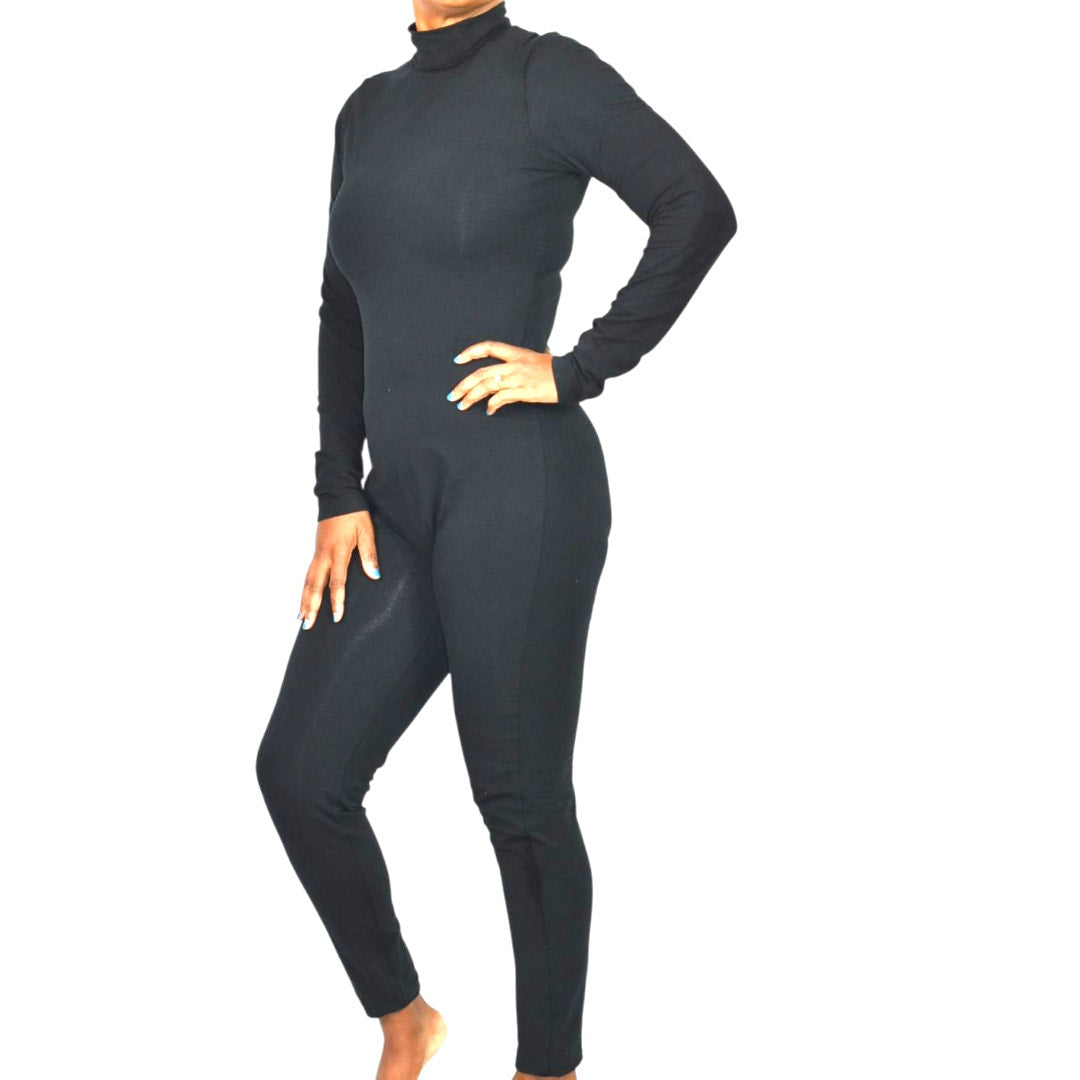 American Apparel Black Catsuit Cotton Spandex Long Sleeve Mock Neck Bodysuit Jumpsuit XL