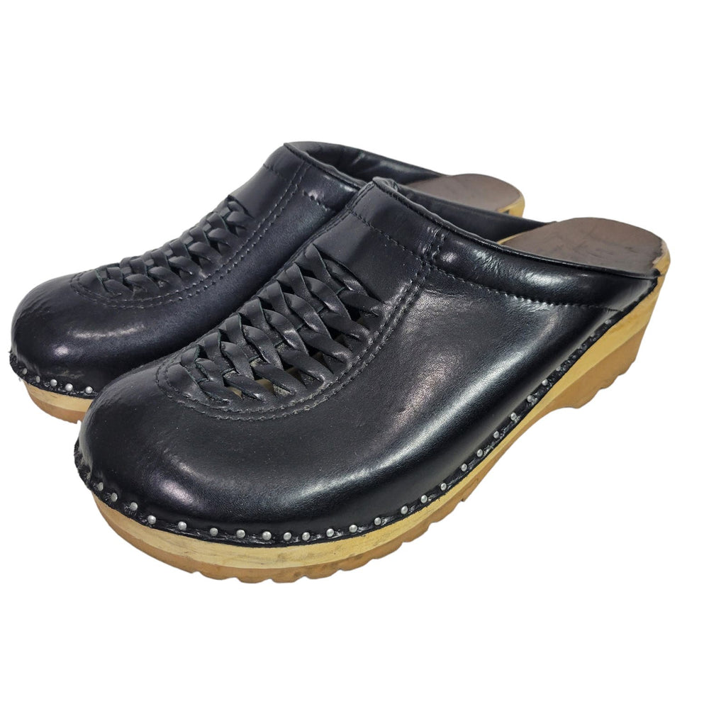 Troentorp Wright Clogs Black Wood Heel Swedish Mules Sandals PU Braided Unisex Size 41 11