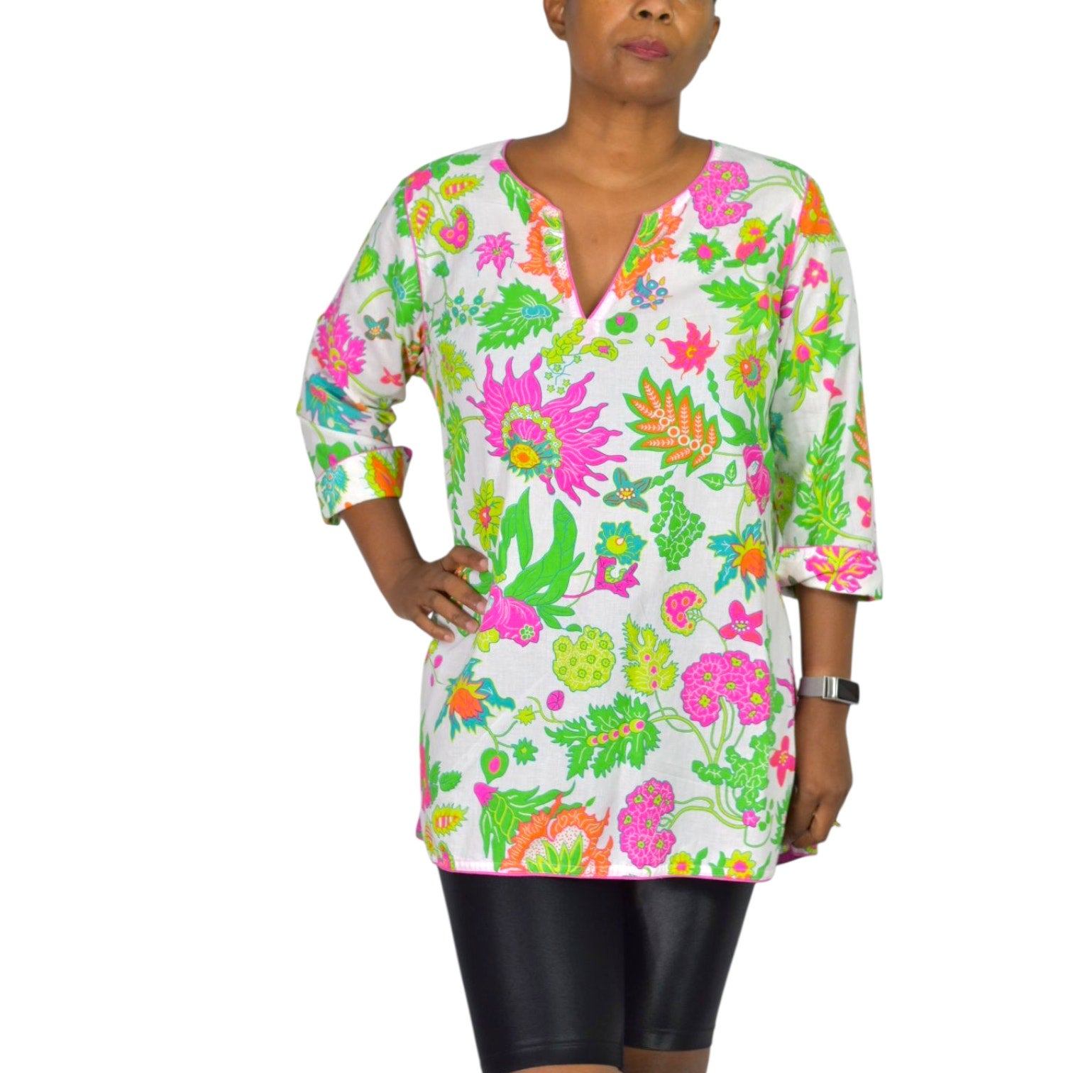 Gretchen Scott Cotton Tunic Pink Colorful Wonderland Top Blouse Cotton Floral Side Slits Split Neck Large