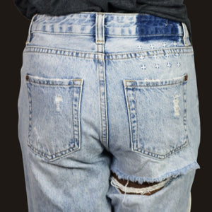 Ksubi Jean Shorts Light Blue Destroyed Heavy Distressed Denim Longline Mid Rise Cutoff Raw Hem Cotton 26