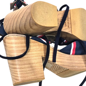 Free People Monaco Clogs Blue Navy Stripe Wrap Chunky Platform Wooden Heels 38 7.5