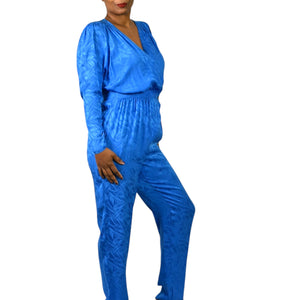 Nora Noh Silk Jumpsuit Blue Vintage Silky Shoulder Pads Tapered Boilersuit Jacquard Small