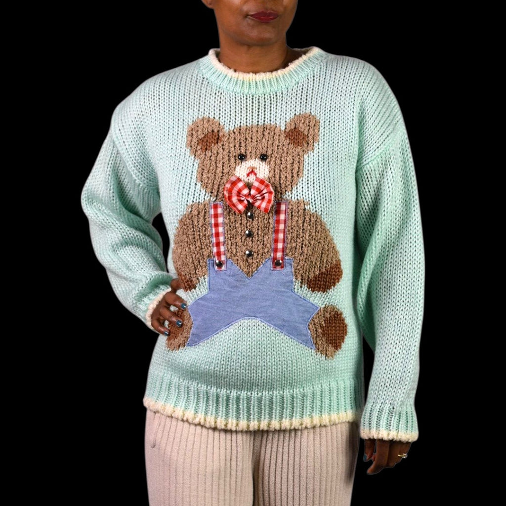 Vintage Far and Near Teddy Bear 3D Sweater Green Pastel Textured Fairy Kei Kawaii 90s Campy Novelty Large