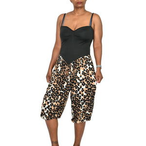 Vintage Leopard Print Jumpsuit Brown Cropped Harem Balloon Yoked 70s Sweetheart Straps Small