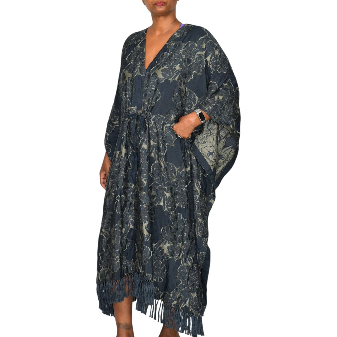 Billy Reid Juniper Jacquard Kaftan Dress Blue Floral Long Oversized Patio Muumuu Caftan Fringe Medium Large M L