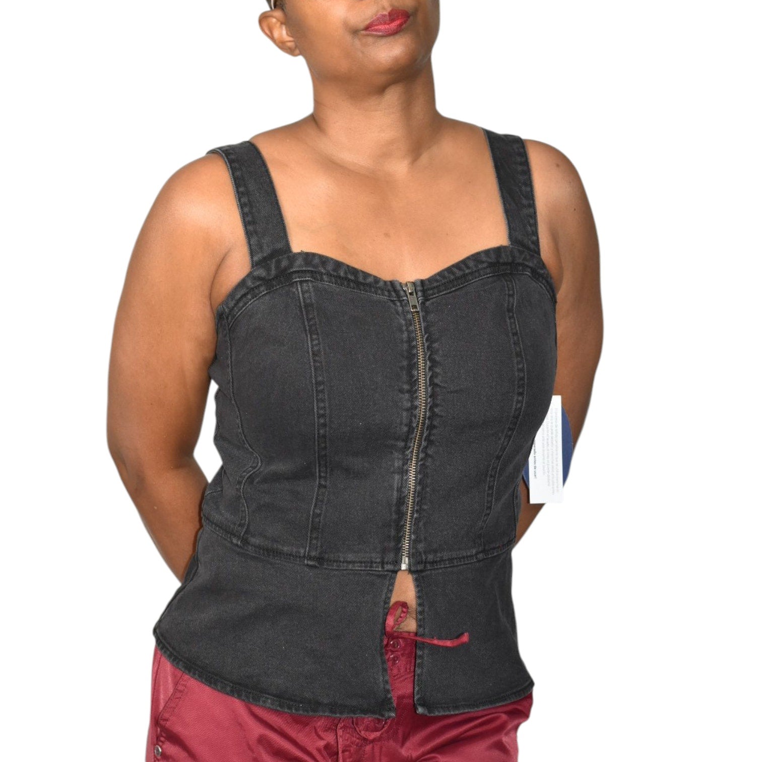 Scoop NYC Denim Bustier Black Corset Tank Top Zip Front Stretch Sweetheart Front Slit Medium