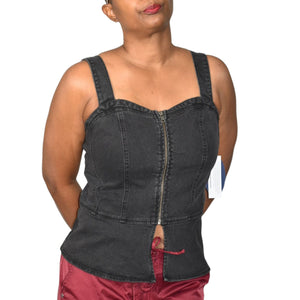 Scoop NYC Denim Bustier Black Corset Tank Top Zip Front Stretch Sweetheart Front Slit Medium