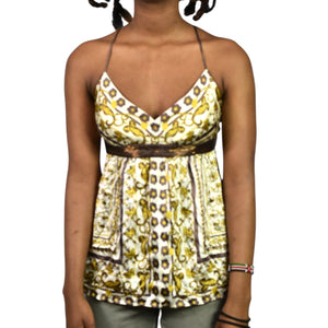 Vintage Arden B Silk Halter Top Brown Silk Beaded Embellished Scarf Baroque Print Straps XS