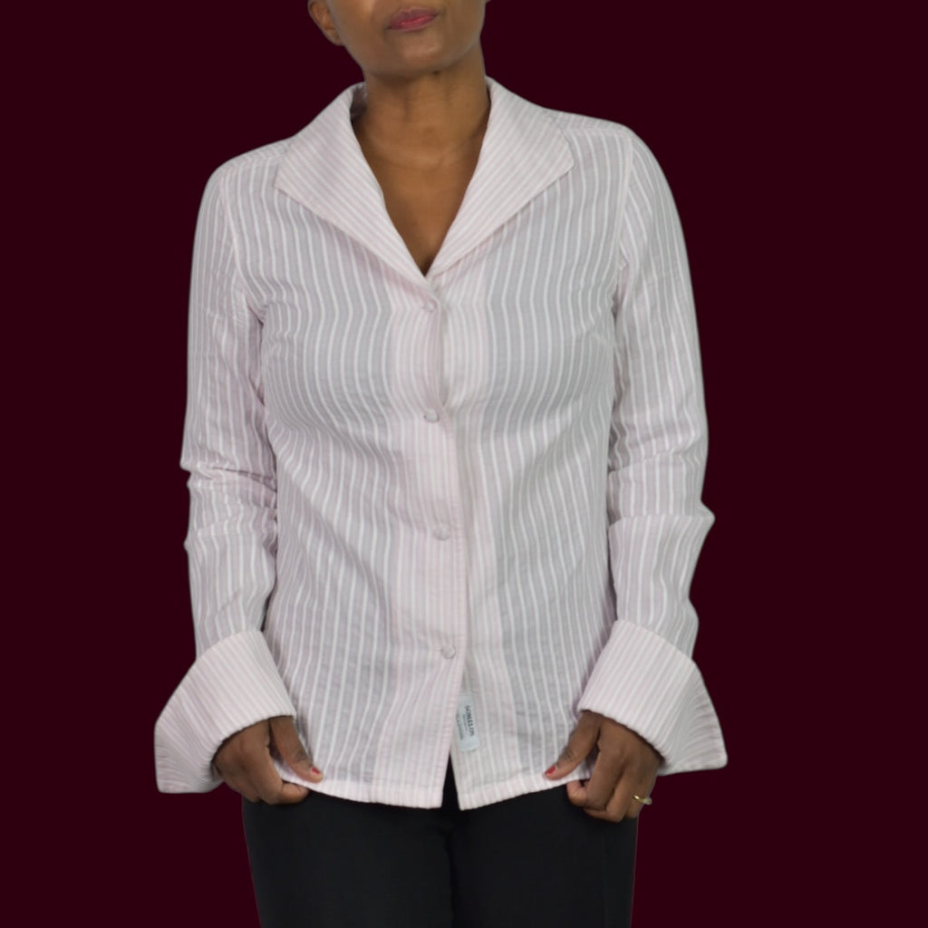 J Peterman Swan Blouse Light Pink Striped Shirt Tuxedo Cuff Cotton Long Sleeve 6