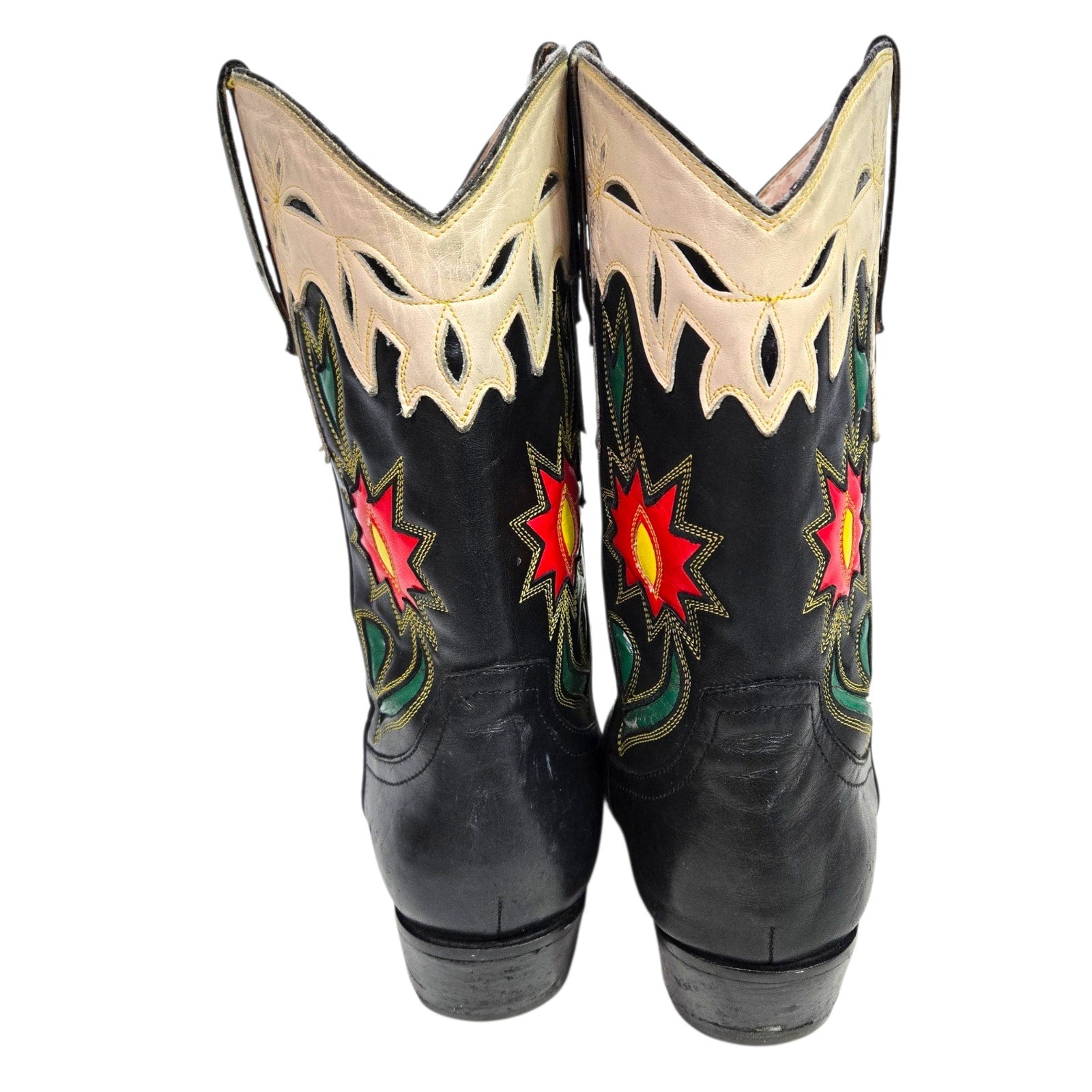 Vintage Cowboy Boots Floral Inlay Black Leather Guess Marciano Posh Applique Western Cowgirl 8