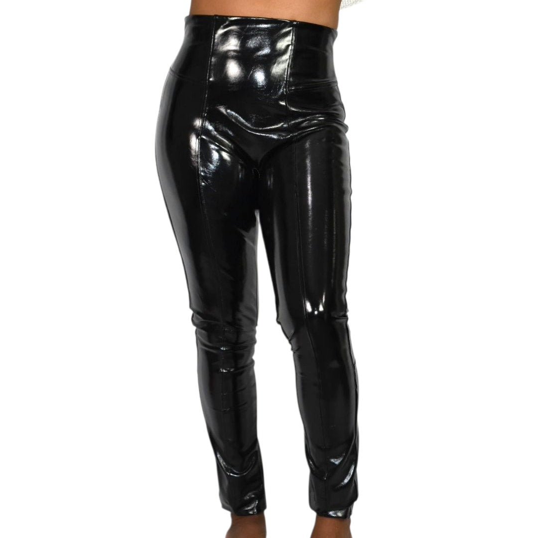 SPANX Faux Patent Leather Leggings Black Shiny High Rise Ponte Pants Tall Medium