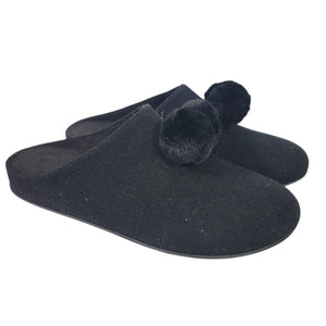 Fitflop Chrissie Slippers Black Felt Pom Pom Mules Slip On Slides Flats Lounge 8