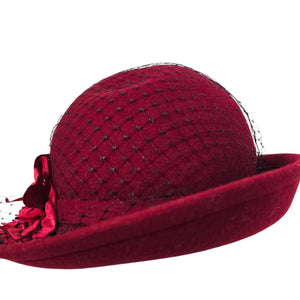 Vintage Betmar Cloche Hat Red Felt Wool Brim Winter Dressy USA Veil Flowers 40s 50s Style Fascinator Small