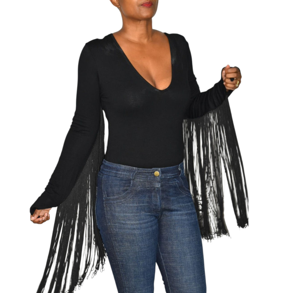 ASOS Fringe Bodysuit Black Plunge V Neck Long Sleeve Top Stretch Statement Blouse 6