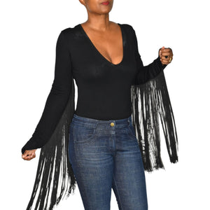 ASOS Fringe Bodysuit Black Plunge V Neck Long Sleeve Top Stretch Statement Blouse 6