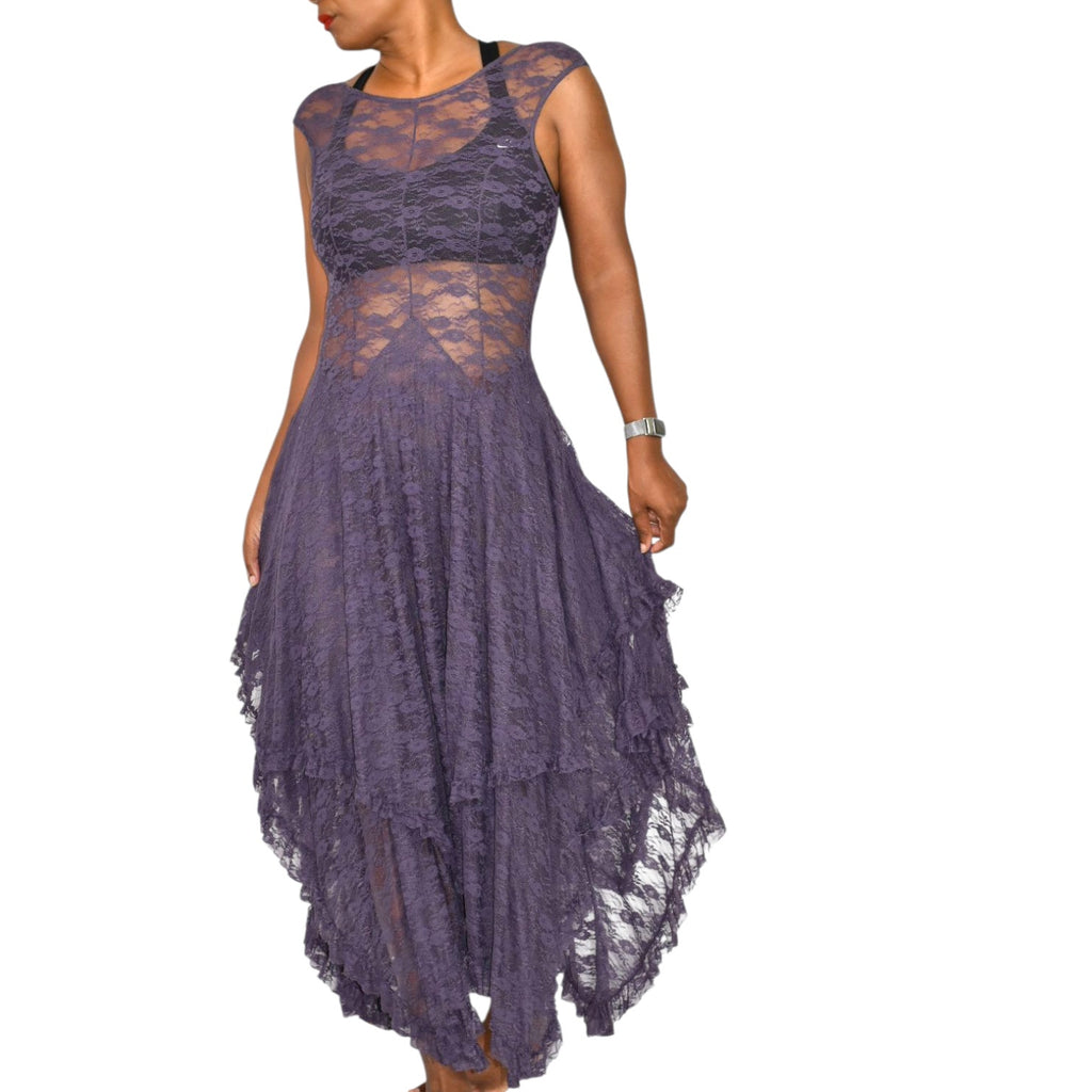 Free People French Courtship Slip Dress Purple Stretch Lace Sheer Midi Asymmetric Handkerchief Hem XS