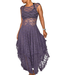 Free People French Courtship Slip Dress Purple Stretch Lace Sheer Midi Asymmetric Handkerchief Hem XS