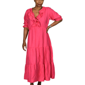 Zara Frilly Dress Pink Bright Hot Fuchsia Midi Tiered Romantic Girly Ruffle Neck Large