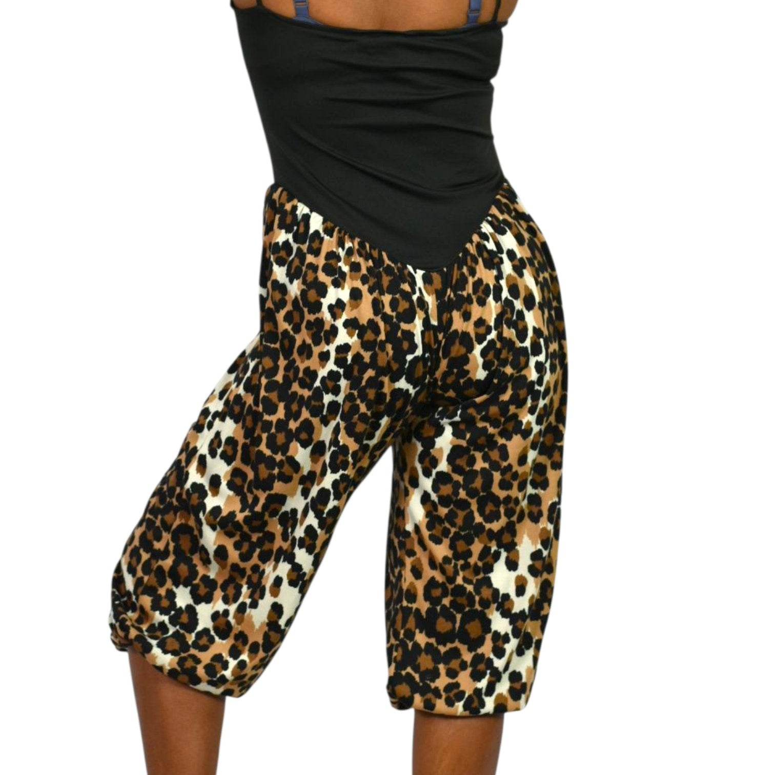 Vintage Leopard Print Jumpsuit Brown Cropped Harem Balloon Yoked 70s Sweetheart Straps Small